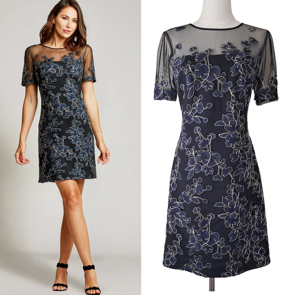 TADASHI SHOJI Cardea Embroidered Floral Tulle Cocktail Dress Size 6 Navy Gold - Picture 13 of 14